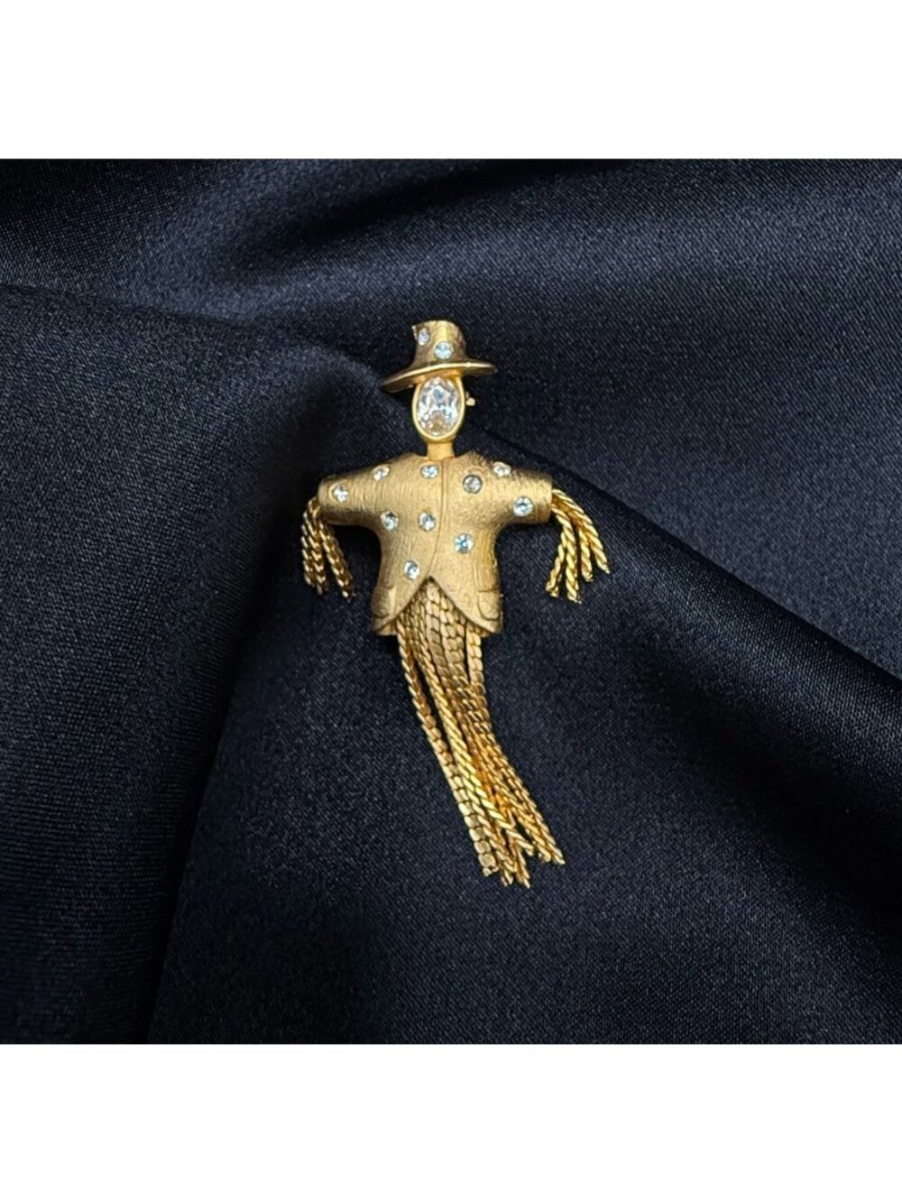 Vintage Gold-Tone Rhinestone Scarecrow Brooch With Dangling Tassel